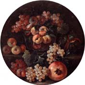 A still life of peaches and plums in a glass bowl,grapes,a melon and a pomegranate